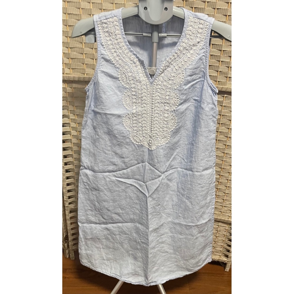 J. Jill Love Linen Blue Sleeveless Beaded Shift Dress Size Small